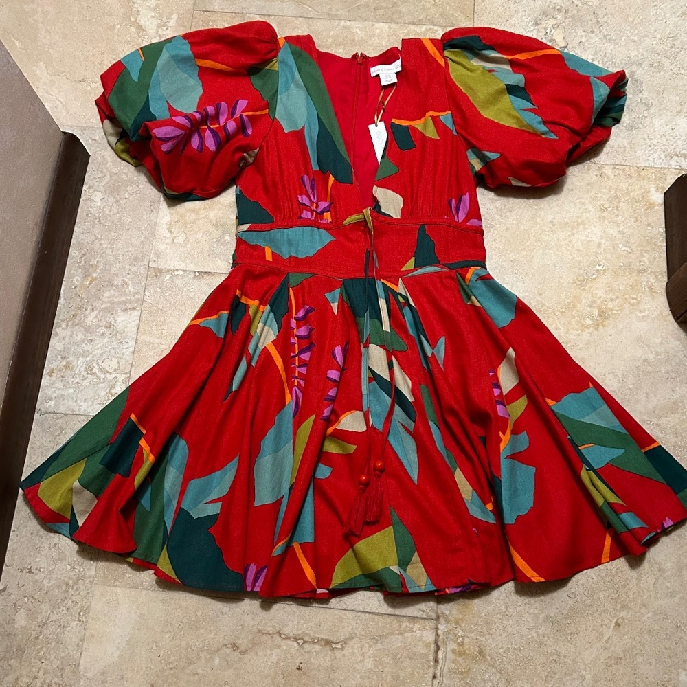 House of Harlow 1960 Linen Blend Red Floral Puff Sleeves Dress,  Size 6 - Picture 2 of 16